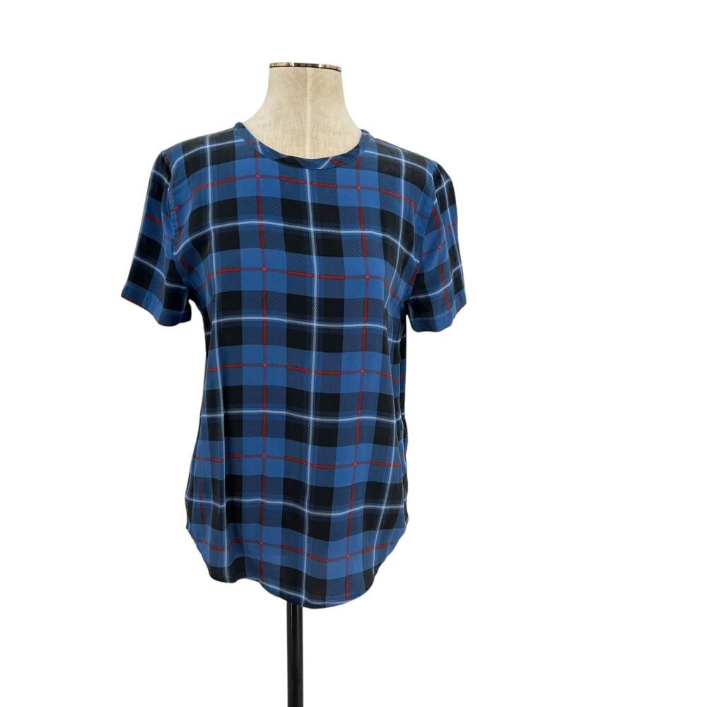 Equipment Riley Plaid Top Blouse Short Sleeve Check Plaid Silk Blue Size XS - Picture 2 of 10
